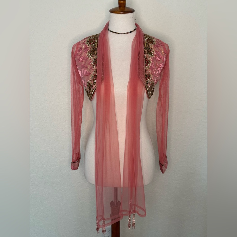 Rare Vintage Indian Pink Sheer Beaded with rhinestones & gems, Bolero with Scarf